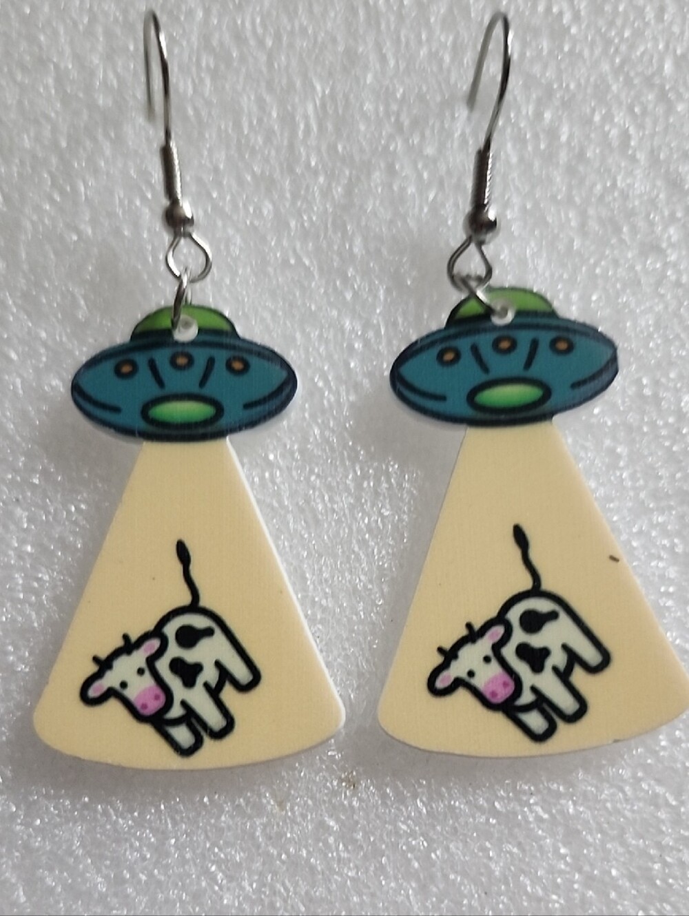 Hand Crafted Teal UFO and Cream Cow Abduction Drop Earrings